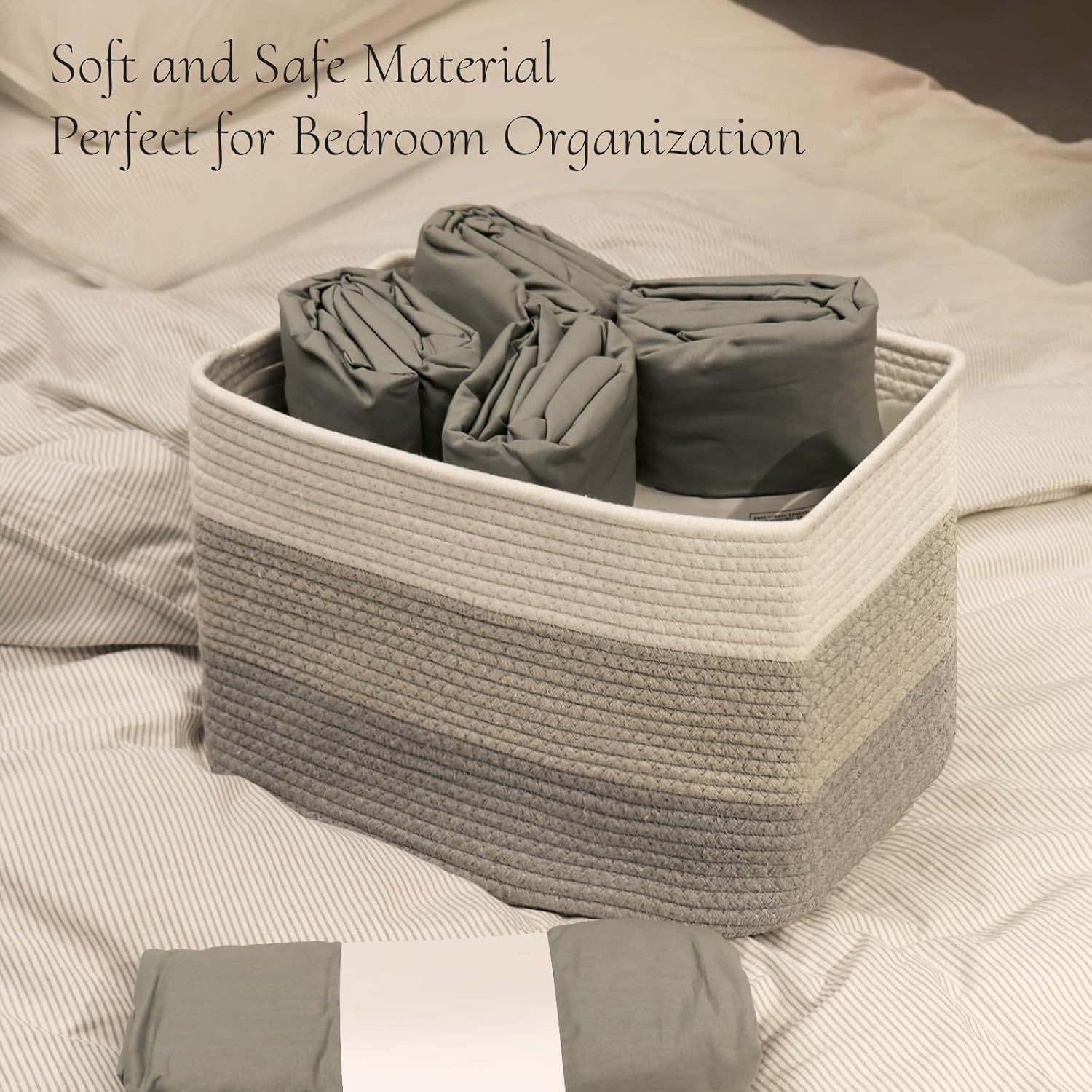 Hopegiver Woven Storage Baskets 15x11x10 Inch, 1 Pack Collapsible Cube Storage Bin for Shelves - Foldable Cotton Rope Organizer Bins for Towels, Toys, Books, Closet, Nursery (White Light-Gray Gray)