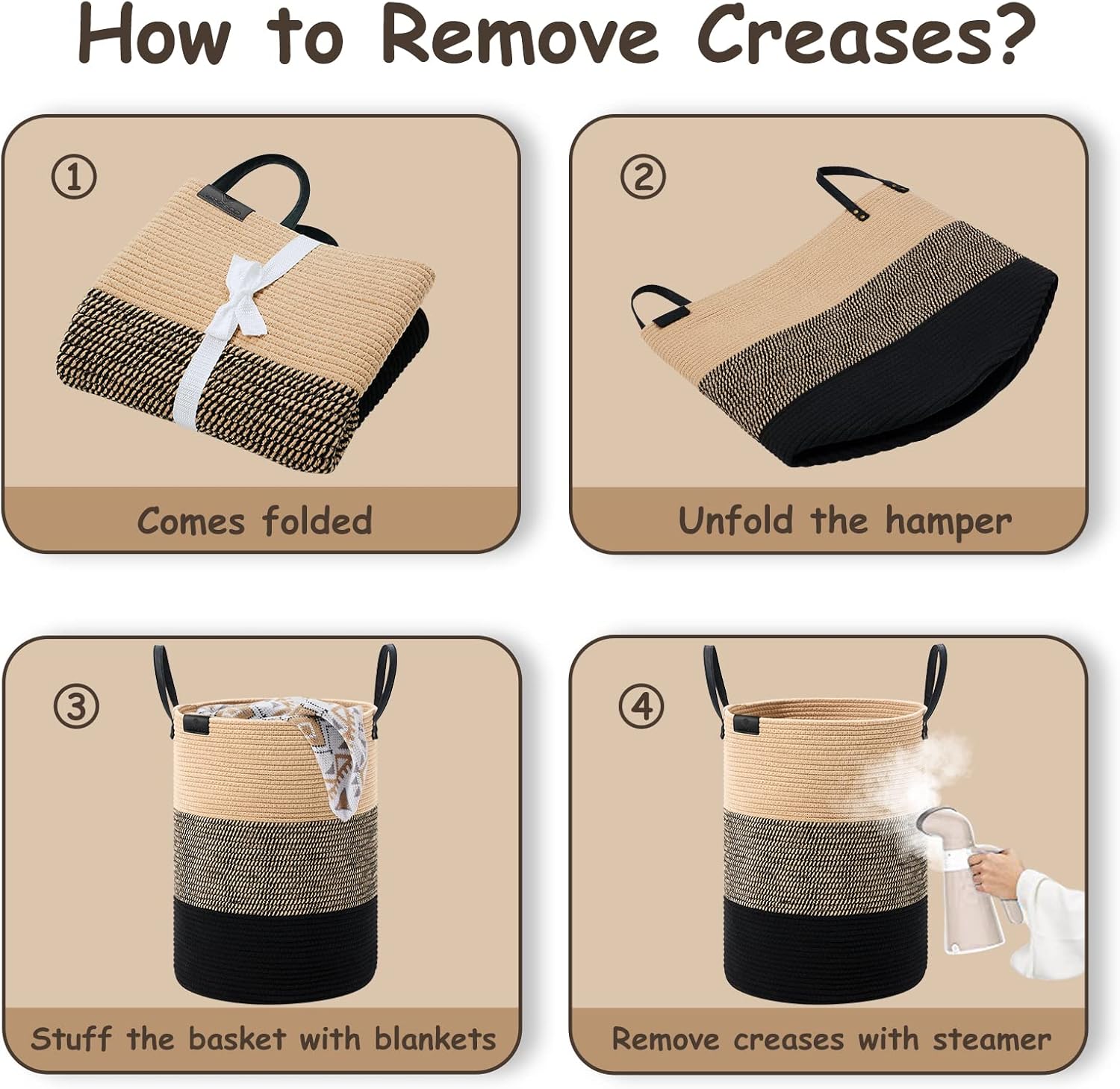 VIPOSCO Tall Laundry Basket, Large Dirty Clothes Hamper with Leather Handle, Woven Rope Storage Basket for Blanket, Toy In Living Room, Bathroom, Bedroom - 72L Brown & Black