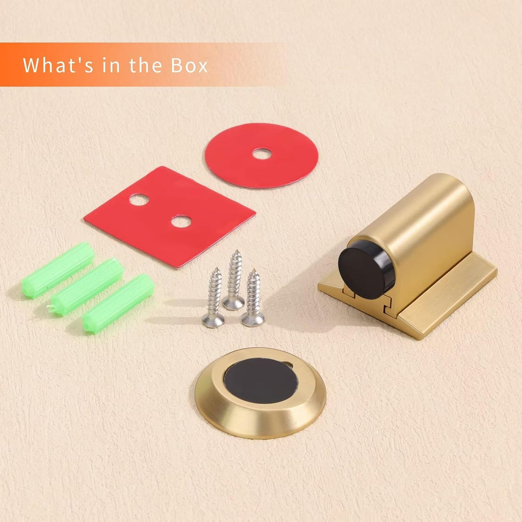 Bak Bo Magnetic Door Stoppers 4 Pack Bottom of Door Holder Keep Door Open No Drilling Magnet Floor Door Stop with Screws and Adhesive Brushed Gold DS268BG-4