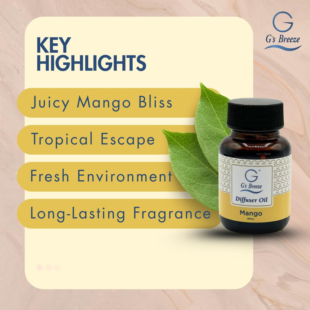 G's Breeze Mango Diffuser Oil Refill - Fruity Essence Aroma for Home or Office - Long-Lasting Tropical Scent of Ripe Mangoes for a Refreshing, Energizing Atmosphere - 60ML