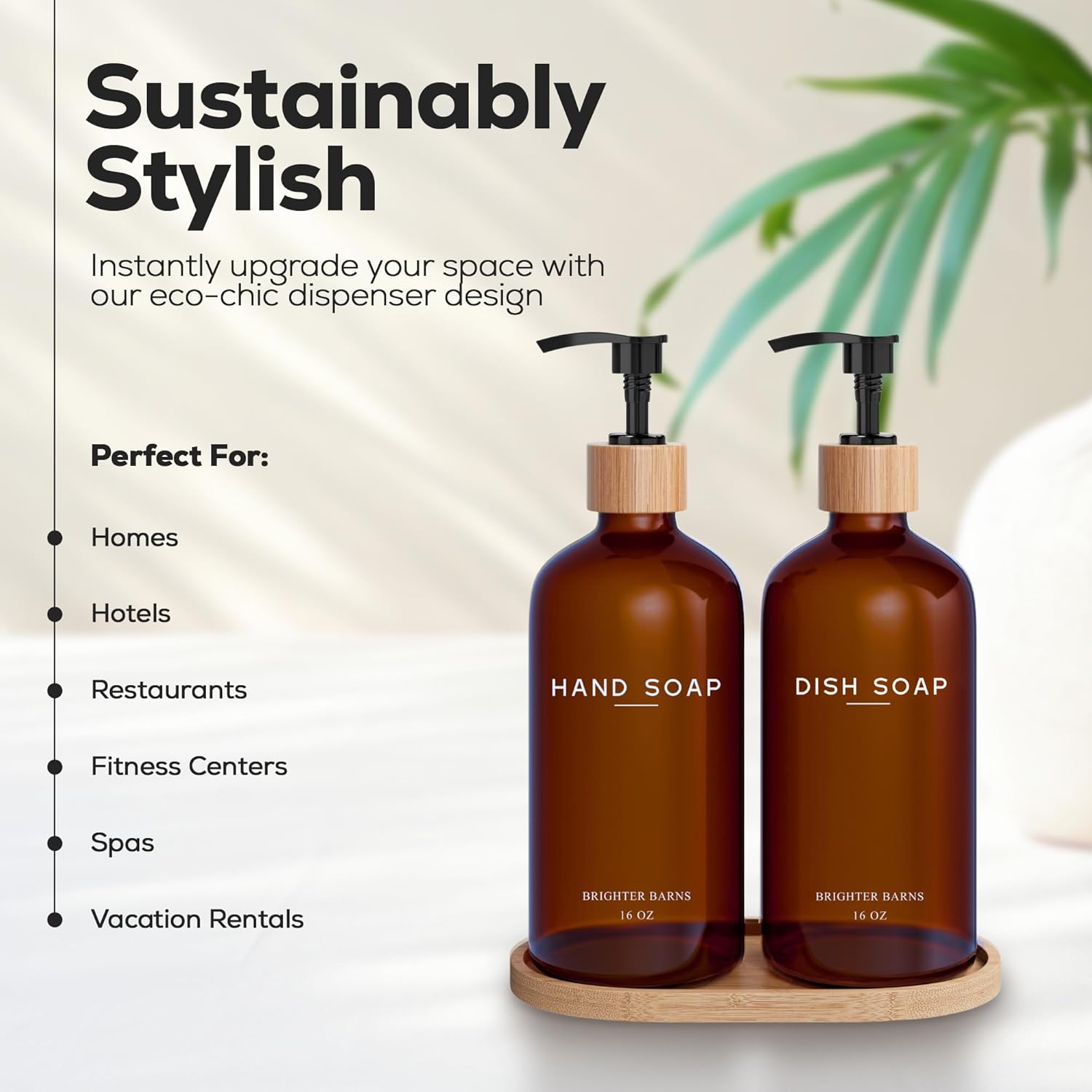 Amber Glass Hand and Dish Soap Dispenser Set by Brighter Barns - Kitchen Soap Dispenser Set with Tray - Bamboo Pump Bottles for Kitchen Sink - Modern Home Decor, Neutral Decor for Airbnb, Gift (Amber)