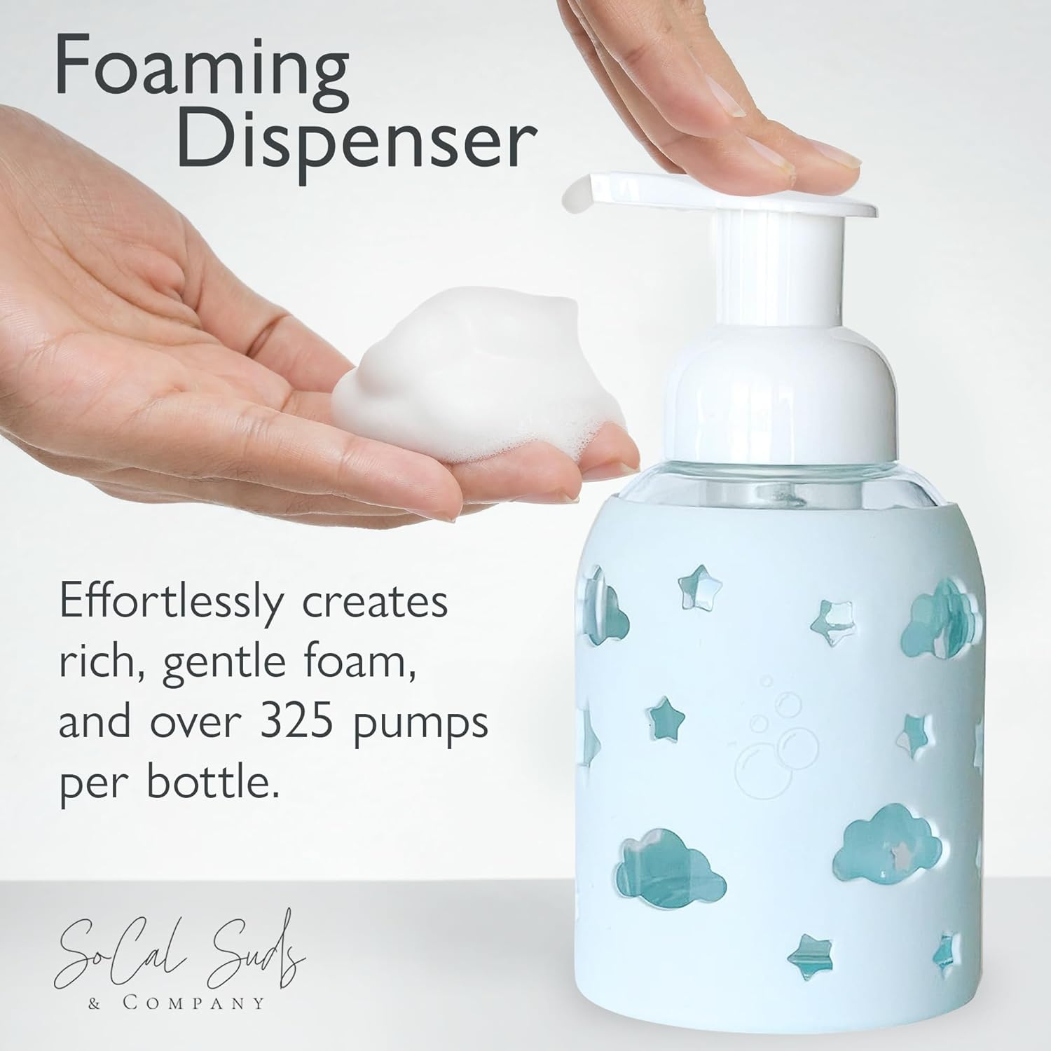 SoCal Suds & Company Glass Foaming Hand Soap Dispenser, Soft Grip Silicone Sleeve, Refillable Pump Bottle for Kids, Baby Wash & Shampoo, Ideal for Home Use, Light Blue 8oz