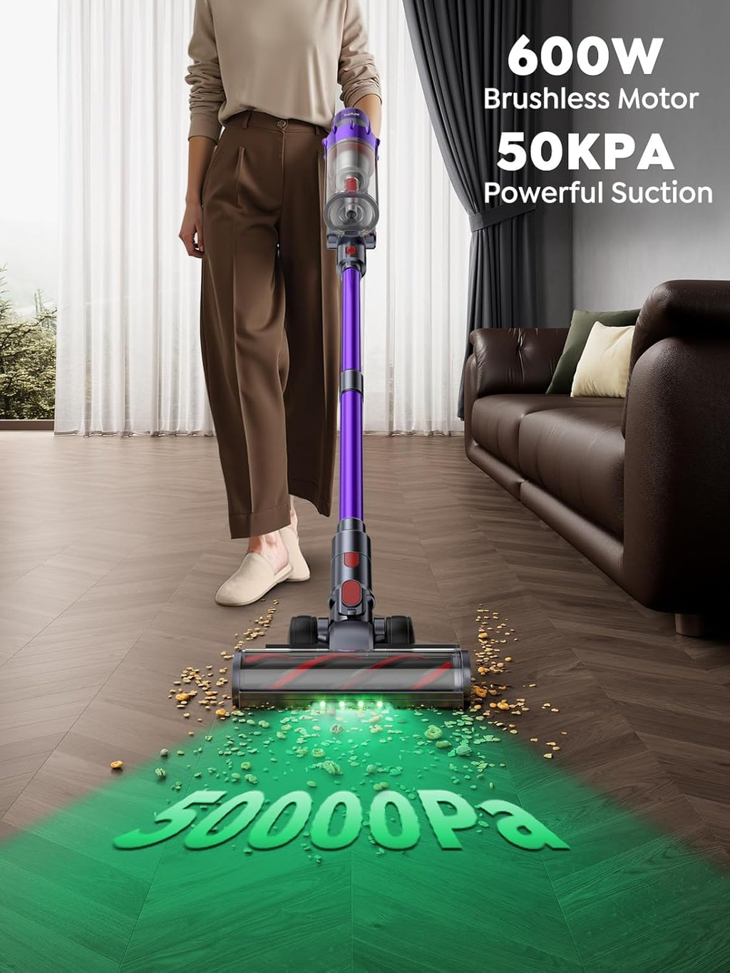 Cordless Vacuum Cleaner, 600W 50KPA 65 Mins Runtime Vacuum Cleaners for Home, Stick Vacuum with Self-Standing, Wall Mount Charging and Intelligent Auto Mode, Handheld Vacuum for Pet Hair/Carpet/Floor
