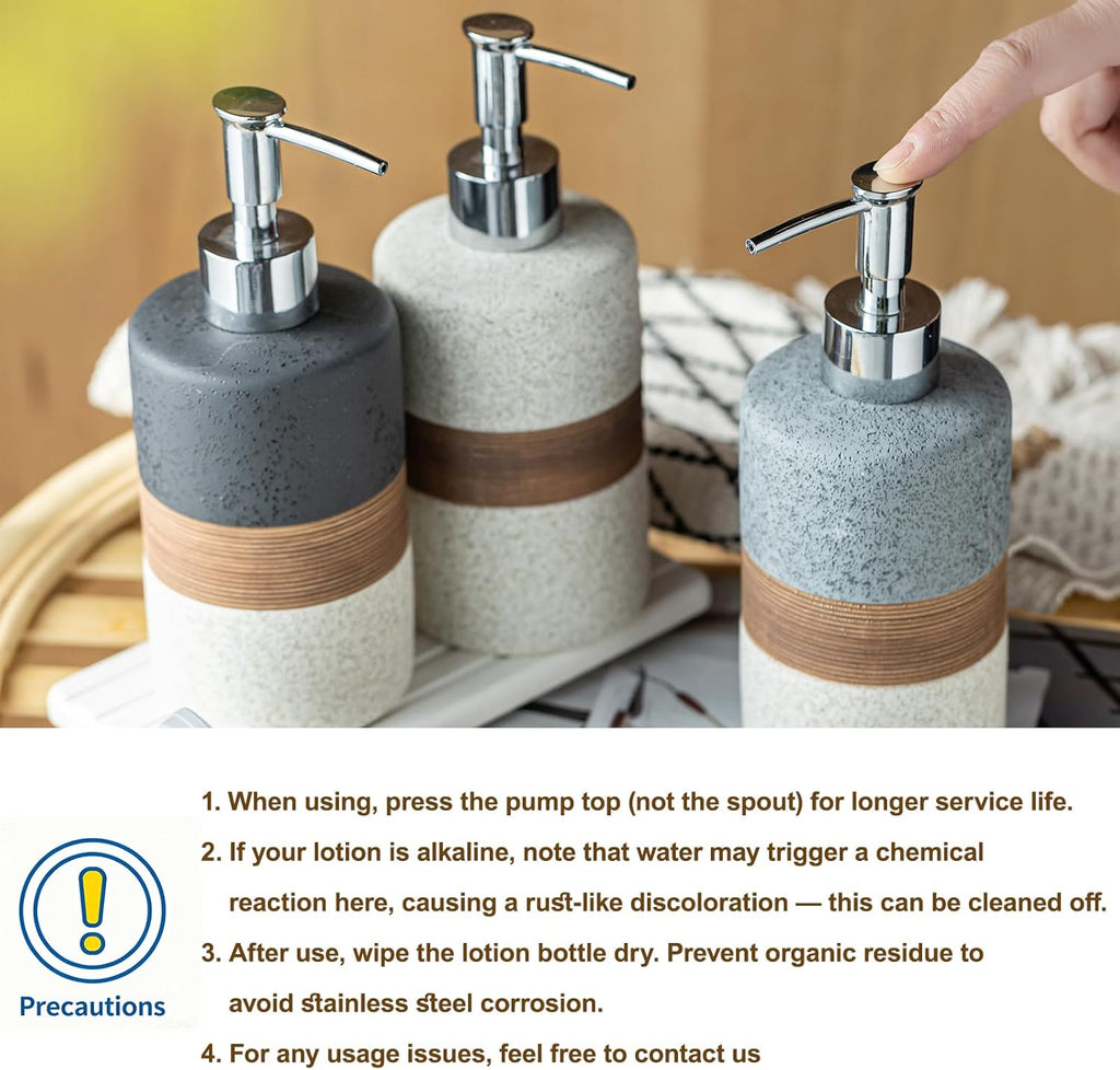 2-Pack Ceramic Soap Dispensers Set, Includes Stainless Steel Pump, Silicone Funnel and Diatomaceous Tray, Hand Soap, Dish Soap, Shampoo and Conditioner Dispenser for Bathroom & Washroom, White
