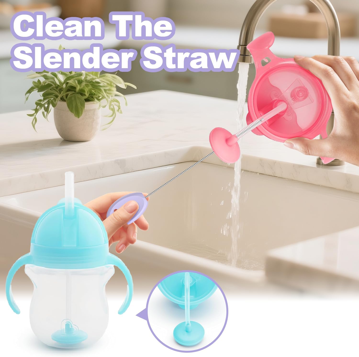 YOTIME Standing Straw Cleaner Brush Set, 4in1 Reusable Straw Brushes with Holder Ring, for Baby Bottles, Sippy Cups and Lids, Purple