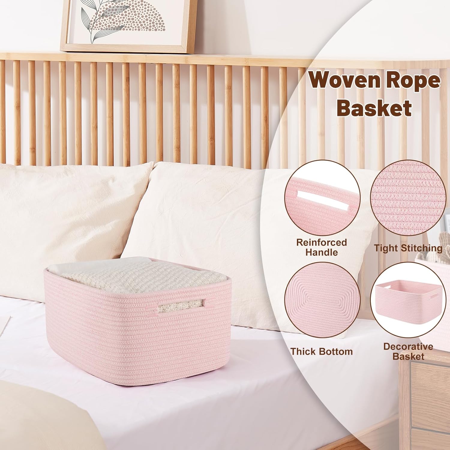 OIAHOMY Storage Basket for Shelves, Closet Cube Storage Bins Baskets for Clothes Blanket Towels, Baby Nursery, Toy Baskets Box, Woven Rope Basket, 15.75*11.81*7.09 IN, 2 Packs Mixed Pink