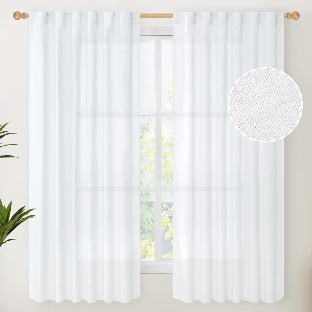 YoungsTex 63 Inch Length White Linen Curtains 2 Panels for Living Room, Light Filtering Drapes Semi Sheer with Rod Pocket Back Tab Lightweight for Bedroom, 52 X 63 Inch