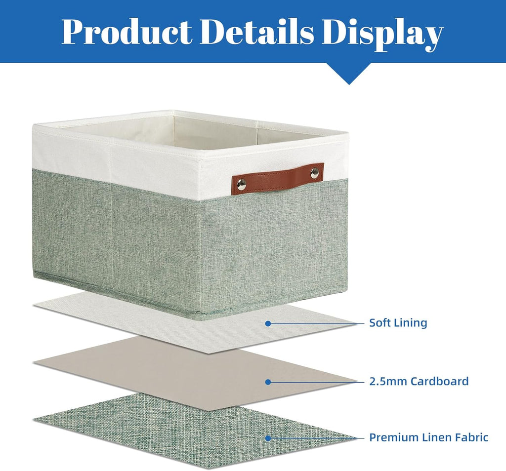 Temary Storage Bins Storage Baskets 4Pack Fabric Storage Bins for Shelves with Dual Leather Handles Canvas Storage Boxes for Organizing Home, Shelf, Closet (White&Green)
