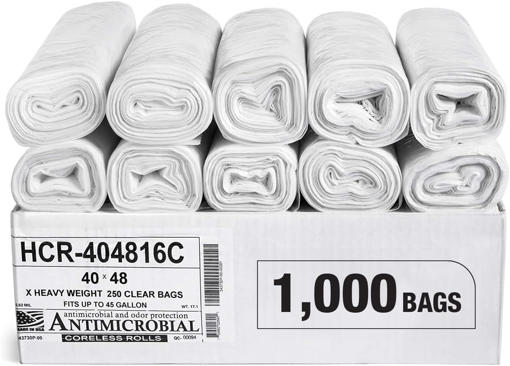 Aluf Plastics High Density Trash Bags, 45 Gallon, 1000 Count, 16 Micron (eq), 40" x 48", Clear, for Bathroom, Office, Industrial, Commercial, Janitorial, Municipal, Recycling