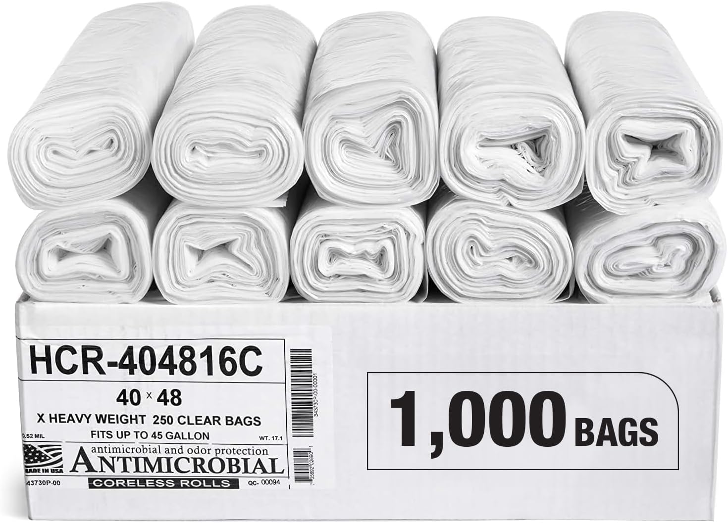 Aluf Plastics High Density Trash Bags, 45 Gallon, 1000 Count, 16 Micron (eq), 40" x 48", Clear, for Bathroom, Office, Industrial, Commercial, Janitorial, Municipal, Recycling