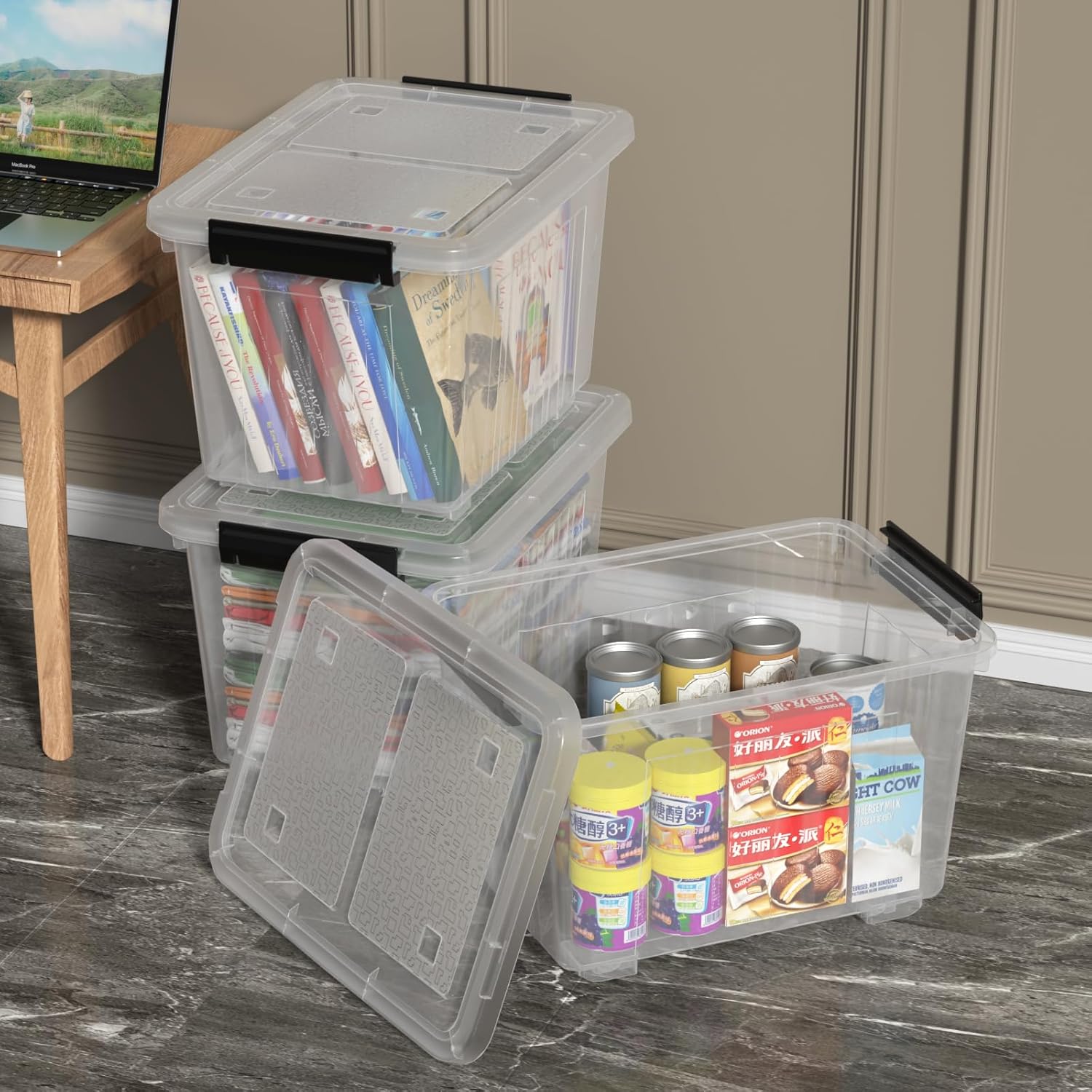 Zopnny 30 Quart Plastic Stacker Box, Large Storage Bin Container with Latching Lids and Wheels for Home and Garage Organizing, Shoes, Tools, Clear Base, 4-Pack