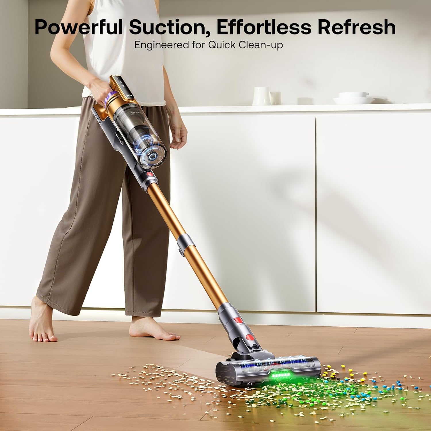 Trucozie Cordless Vacuum Cleaner with Self-Standing, 50 mins Runtime Lightweight Stick Vacuum with Powerful Suction, Anti-Tangle Wireless Vacuum Versatile for Hard Floor/Carpet/Pet Hair, Gold