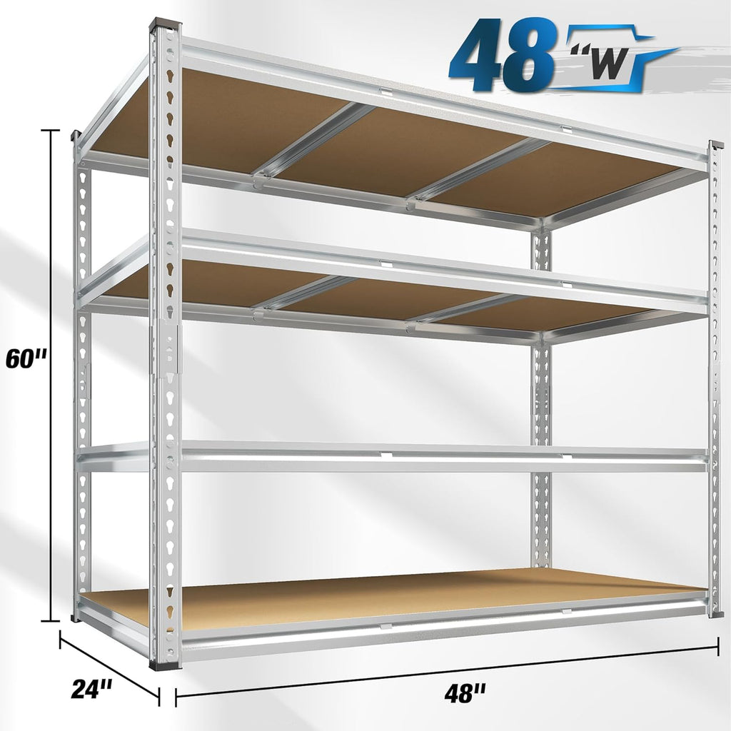 REIBII Garage Shelving, 4 Tier Storage Shelves Load 2550LBS, Adjustable Garage Shelving Heavy Duty, Metal Shelves Unit for Basement, Warehouse, 48" W x 60 "H x 24" D, Galvanized