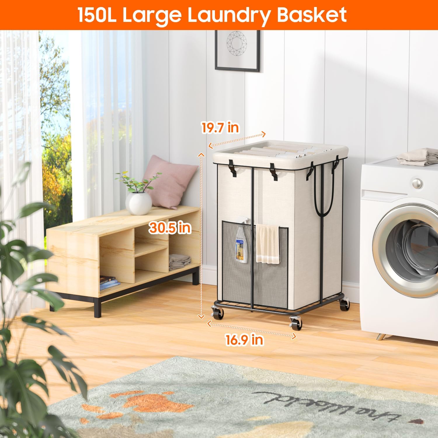 150L Laundry Hamper with Wheels, Rolling Laundry Basket with Metal Frame and Removable Bag, Large & Tall Dirty Clothes Hampers for Bedroom Aesthetic, Laundry Room, Bathroom, Dorm-White