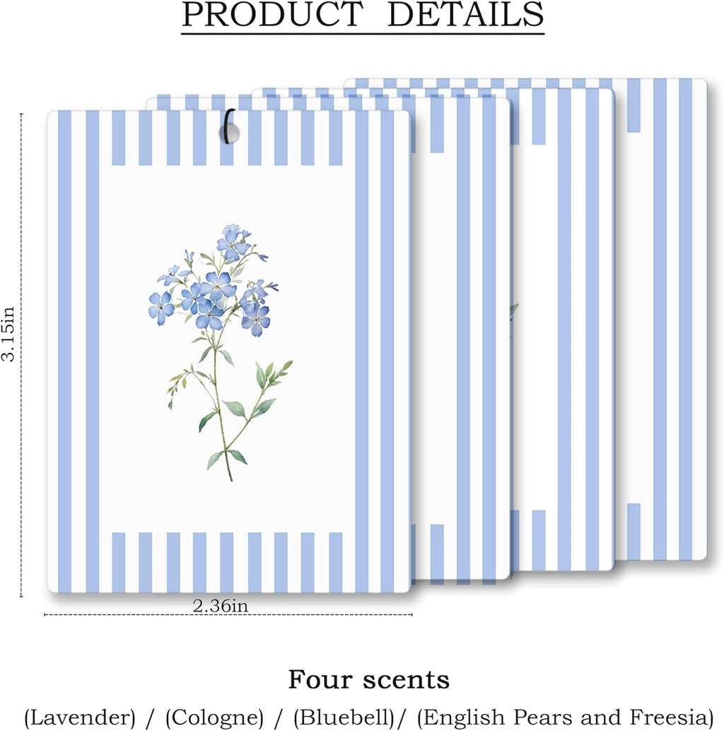 Rustic Blue Floral Car Air Freshener 4 Pcs, Preppy Blue Striped Flower Hanging Scents Air Freshener for Women Girls Gifts, Cottagecore Scented Car Accessories Decor for Room Closet Drawer