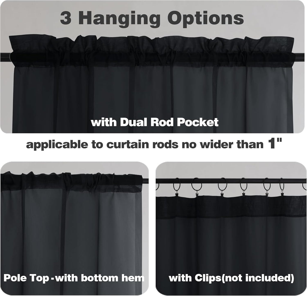 Chyhomenyc Black Sheer Curtains 90 Inches Long 2 Panels, Light Filtering Black Curtains for Living Room, Soft Gentle Voile Rod Pocket Bedroom Window Drapes, 59Wx90L Inch, 2PCS