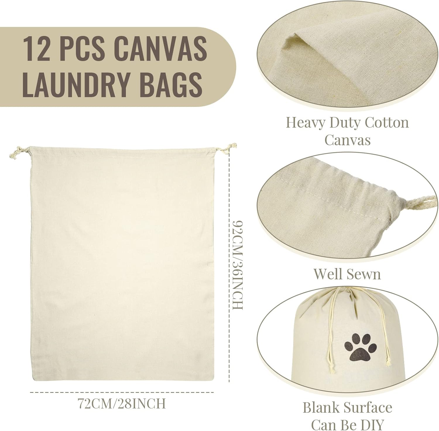 12 Pieces 28" x 36" Canvas Laundry Bags Bulk Large Cotton Laundry with Drawstring Heavy Duty Hamper Liner Washable Dirty Clothes Santa Bag for Travel Household
