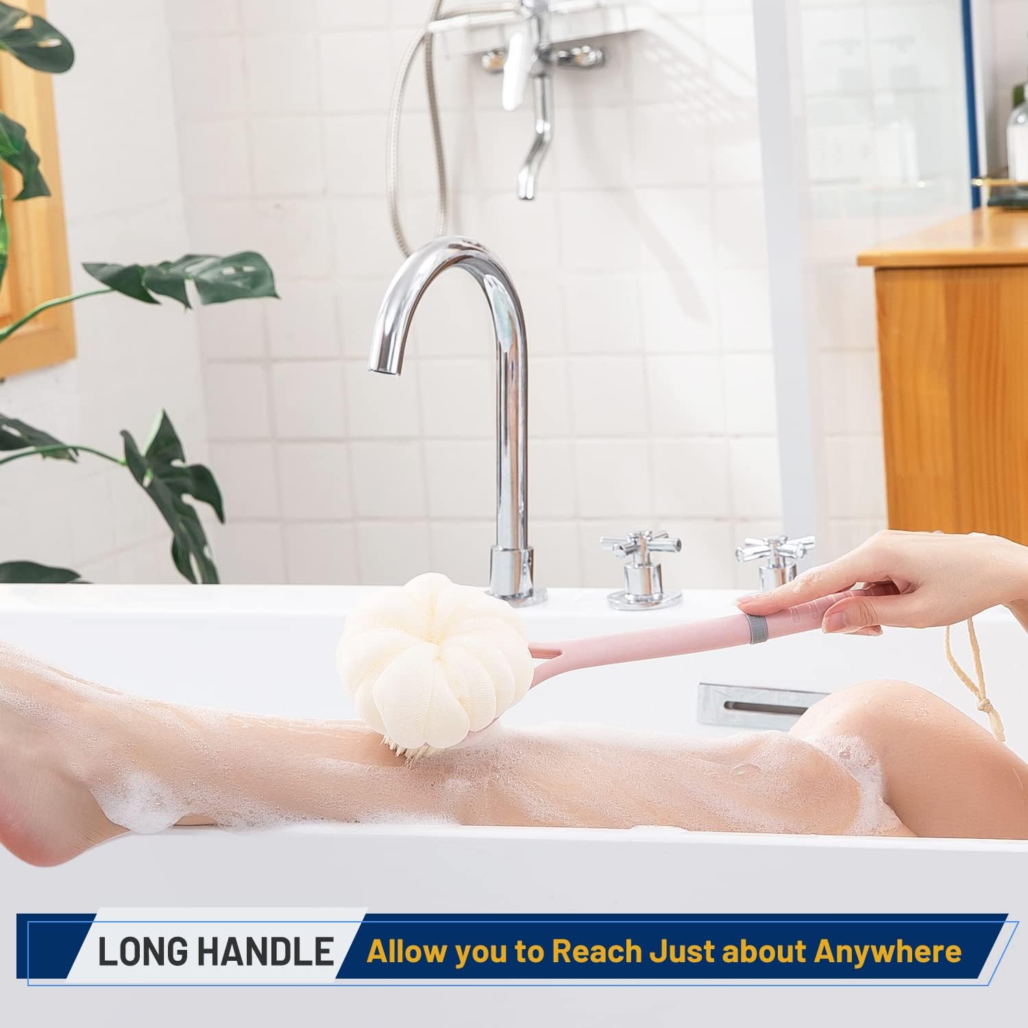 Shower Body Brush,Soft Bristles and Beautiful Pumpkin Loofah 14" Long Handle Back Scrubber Bath Mesh Sponge for Skin Exfoliating Bath,Massage Bristles Suitable for Wet or Dry,Men and Women (Yellow)