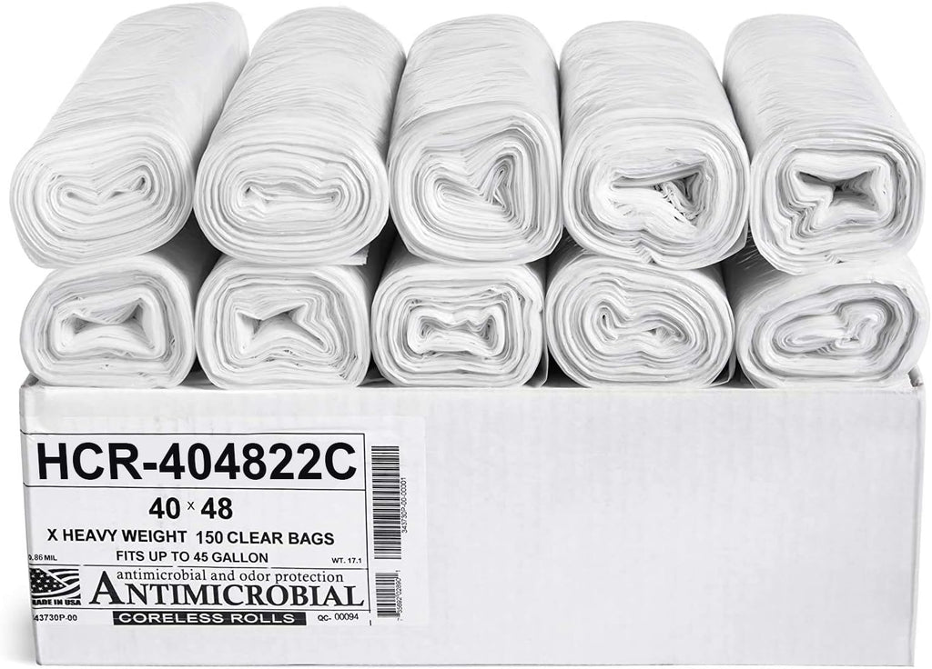 Aluf Plastics High Density Trash Bags, 45 Gallon, 150 Count, 22 Micron (eq), 40" x 48", Clear, for Bathroom, Office, Industrial, Commercial, Janitorial, Municipal, Recycling
