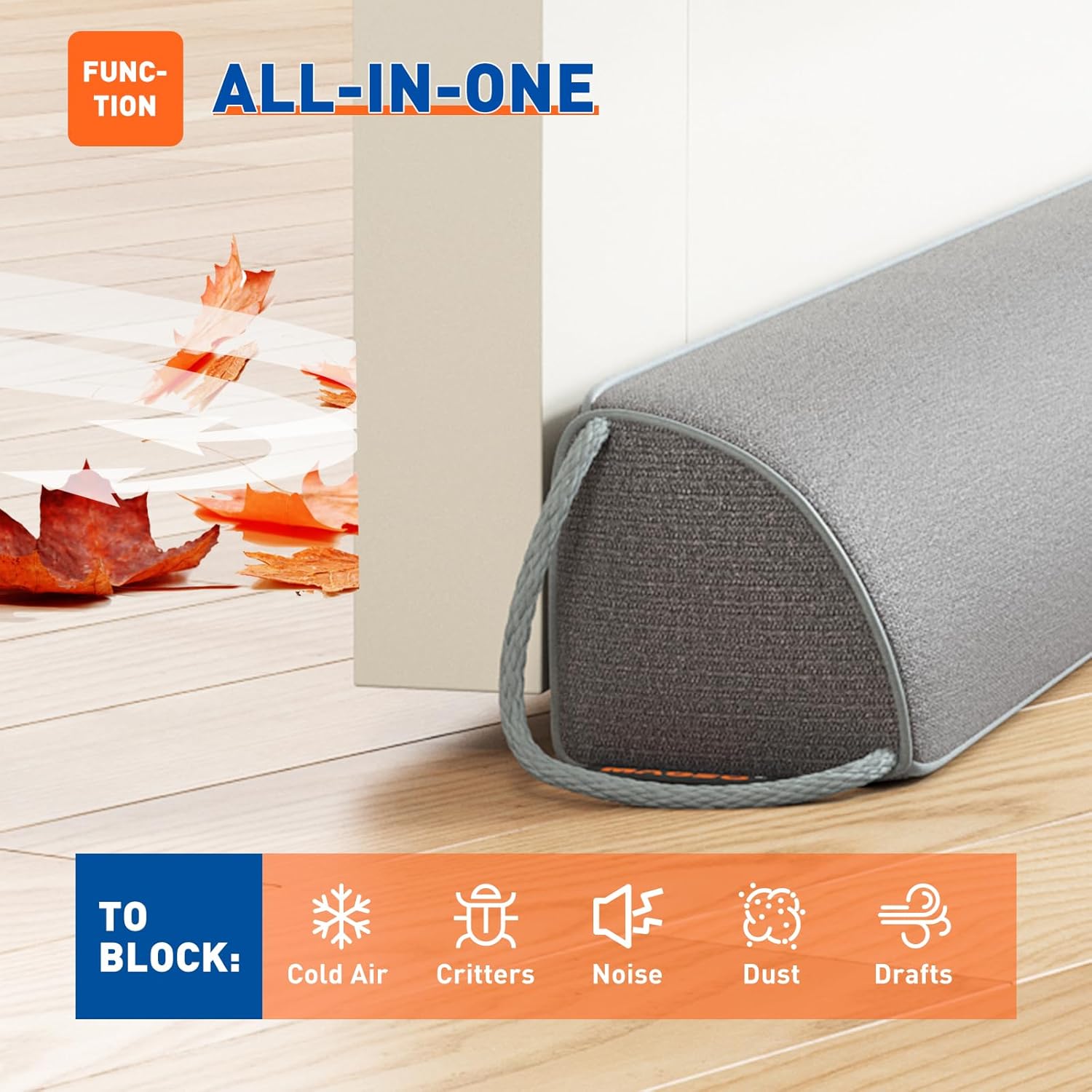 MAGZO Door Draft Stopper 36 Inches, Weighted Triangular Door Snake for Winter Noise Blocker with Hook Loops,Gray