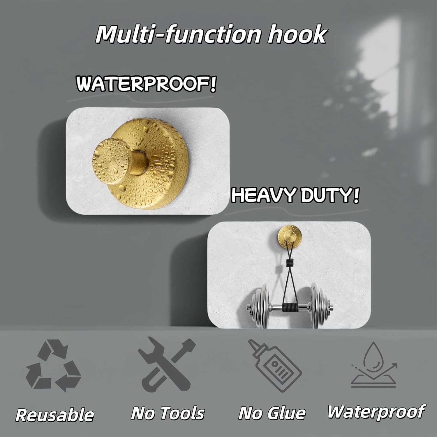 2025 Upgraded Stainless Steel Heavy Duty Suction Cup Hooks for Shower Bathroom Accessories Removable Hook for Glass Window Door Wall Hooks for Hanging Towels Robes Wreaths (Pack of 2, Gold)