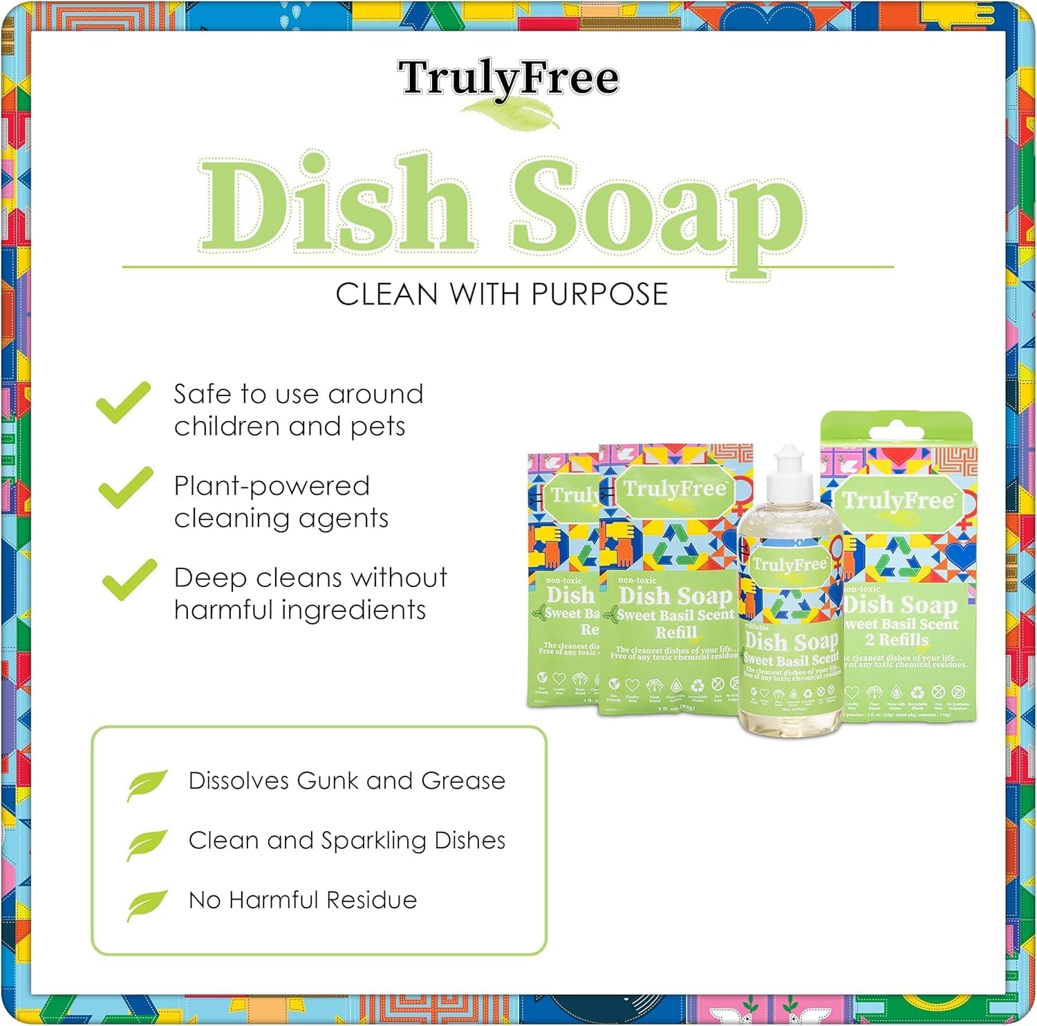 Truly Free Natural Concentrated Dish Detergent Dishwashing Liquid | Plant-Based Dish Soap | Sweet Basil Fresh Scent | Pack of 3