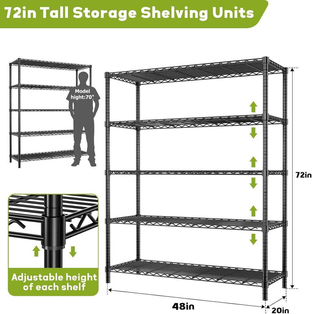 Storage Shelves, 48" L x 20" W x 72" H Heavy Duty Garage Wire Shelving Unit Loads 2000LBS, 5-Tier Adjustable Metal Industrial Utility Shelf Rack for Kitchen, Laundry Room, Basement