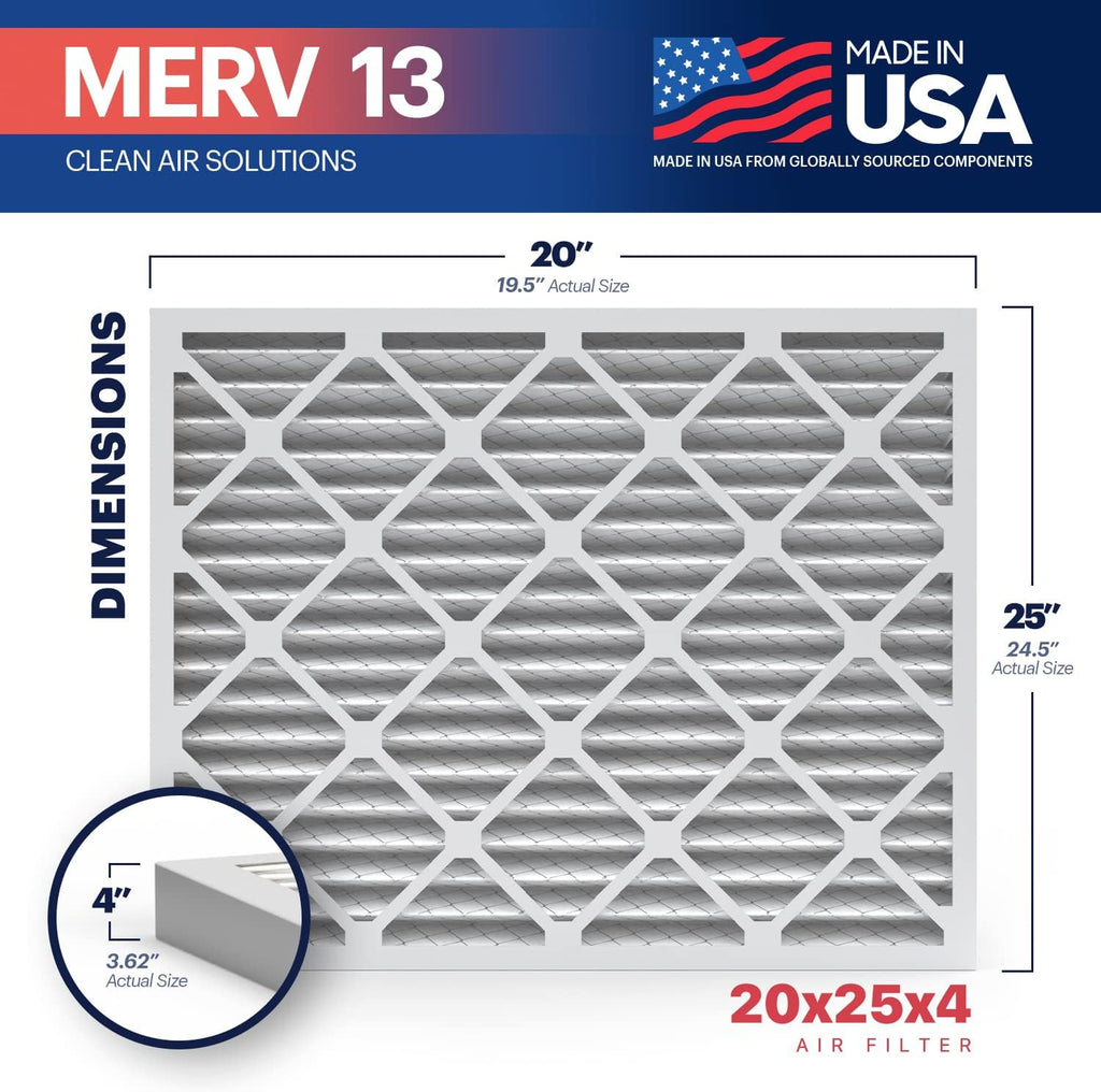BNX TruFilter 20x25x4 (19.5’’ x 24.5’’ x 3.63‘’ Slim Fit) MERV 13 Air Filter (2-Pack) - MADE IN USA - Air Conditioner HVAC AC Furnace Filters Health, Allergies, Mold, Bacteria, Smoke, MPR 1900 FPR 10