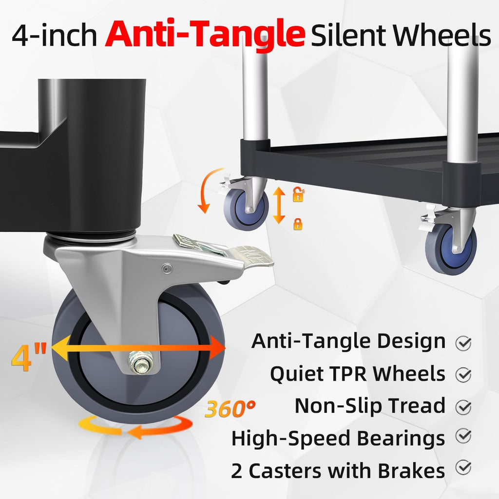 Plastic Utility Cart with Anti-Tangle Wheels, Solid Armrests, 350 Lbs Heavy Duty Capacity, 3-Tier Rolling Serving Cart for Home, Office, Restaurant, Warehouse.34.2" × 17" × 37"