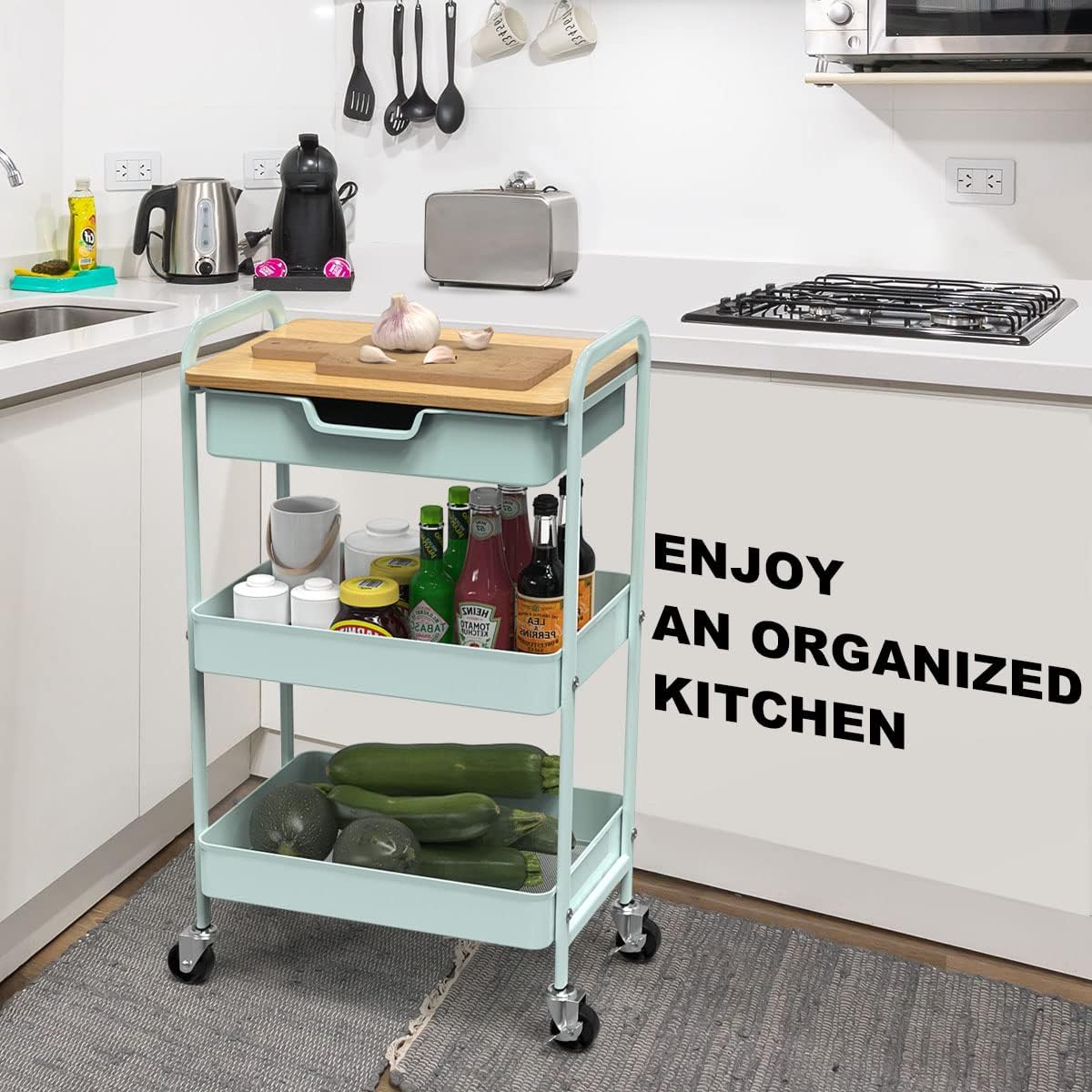 3 Tier Rolling Cart, Utility Cart with Drawer and Table Top, Metal Rolling Kitchen Storage Organizer Cart with Handle and Locking Wheels for Bathroom Office Balcony Living Room
