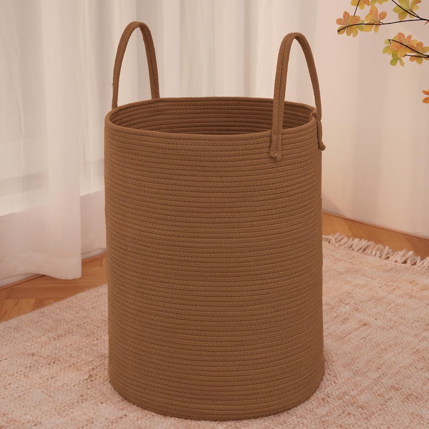 Large Woven Laundry Basket Hamper,60L Cotton Rope Storage Bin for Blankets,Toys and Clothes,Decorative Tall Nursery Hamper for Living Room,Baby Nursery,Bathroom and Bedroom,Golden Jute