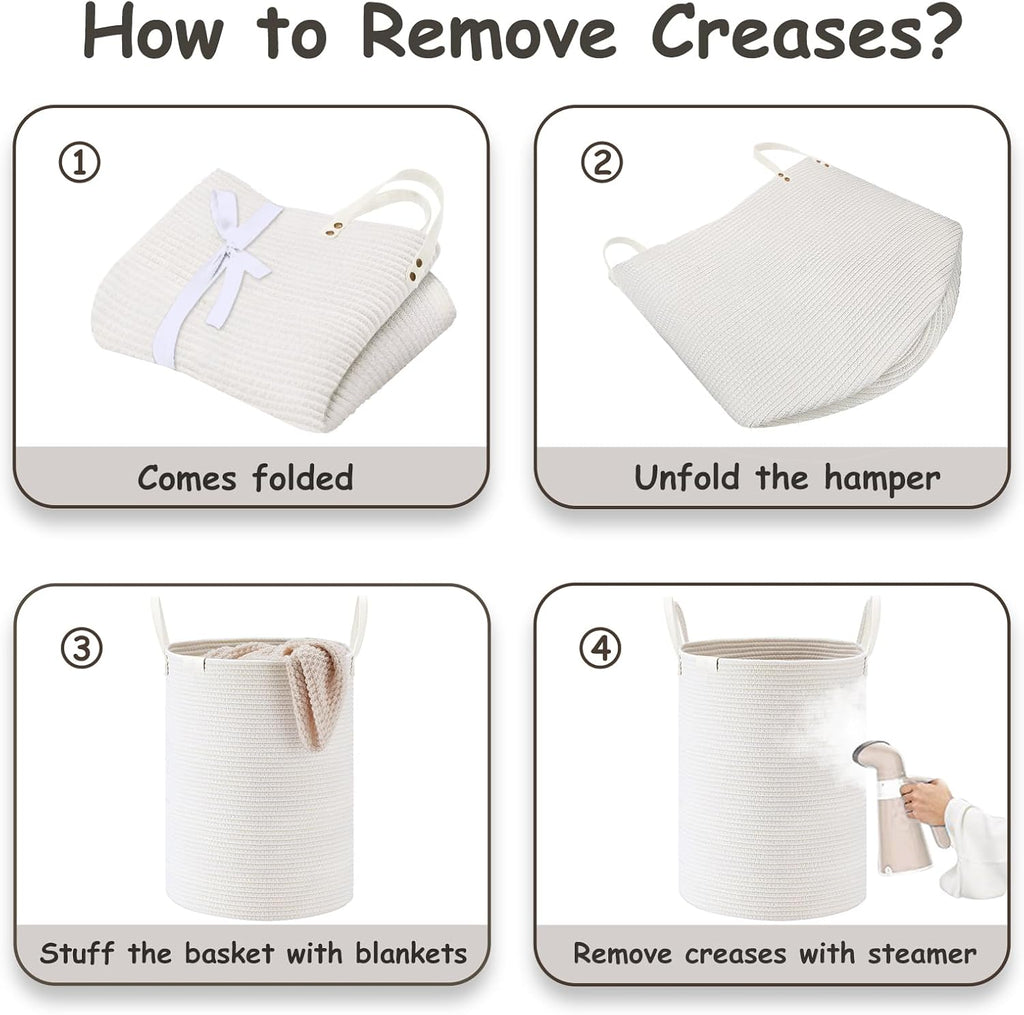 VIPOSCO Tall Laundry Basket, Large Dirty Clothes Hamper with Leather Handle, Woven Rope Storage Basket for Blanket, Toy In Living Room, Bathroom, Bedroom - 58L White