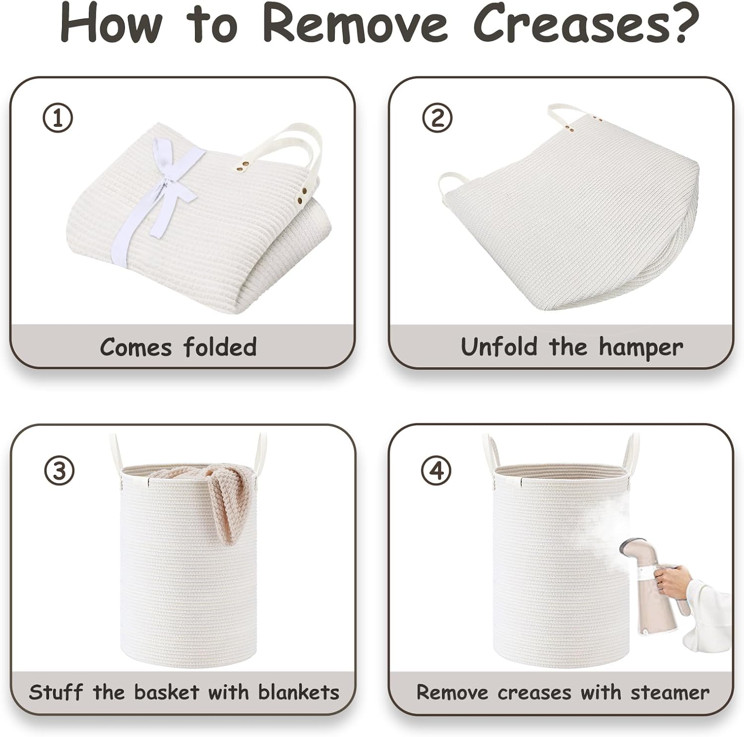 VIPOSCO Tall Laundry Basket, Large Dirty Clothes Hamper with Leather Handle, Woven Rope Storage Basket for Blanket, Toy In Living Room, Bathroom, Bedroom - 72L White