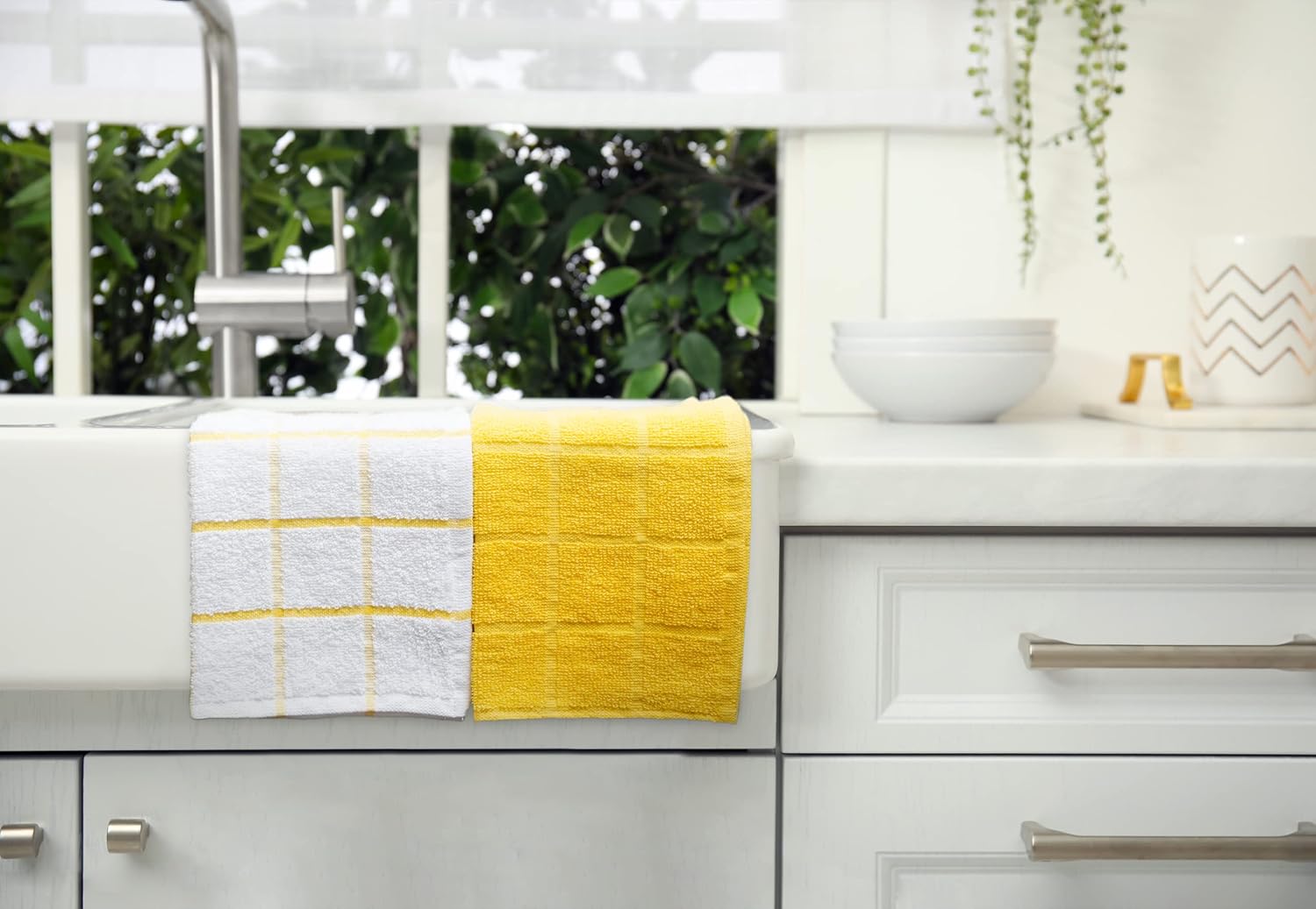 100% Cotton Terry Dish Cloth & Dish Towel, 6 Pack, Super Soft and Absorbent Kitchen Towels, Perfect for Kitchen Cleaning and Dish Washing (Yellow (Solid and Checks) 8 Pack)