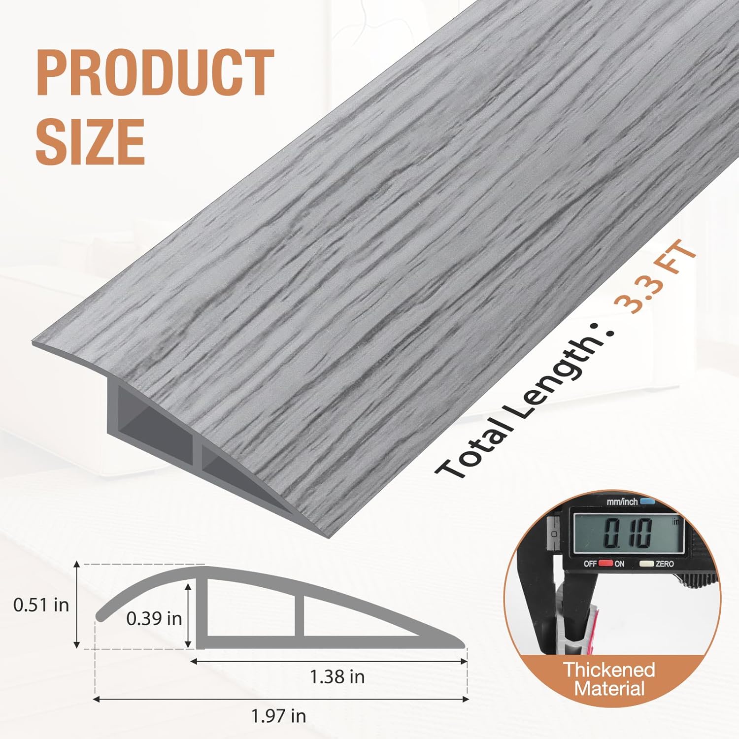 Floor Transition Strip Self Adhesive Vinyl Door Threshold for Doorways Carpet Edging Trim Overlap Edge Reducer for Laminate Floor, Carpet, Tile (Light Gray Wood Grain, 1/5" to 2/5", 3.3Ft)