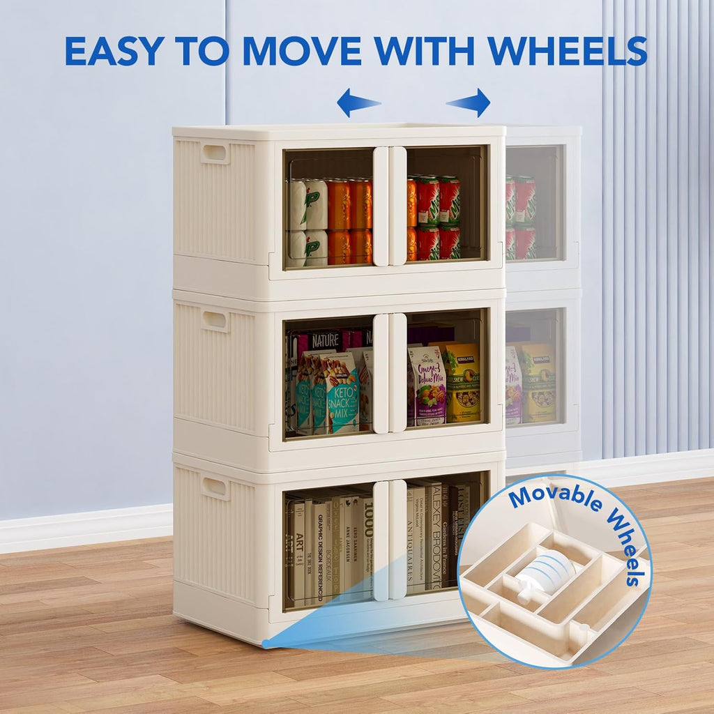 FLEXIMOUNTS 152 QT Stackable Storage Bins With Lids, Collapsible Plastic Storage Bins, Closet Organizers and Containers with Doors and Built-in Wheels For Home, 2 Pack Cubes, Milky White