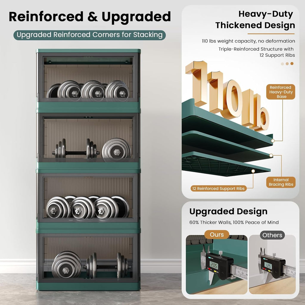 8.4Gal Collapsible Storage Bins with Lids & Wheels - 4 Pack Stackable with Doors, Heavy-Duty Plastic Containers for Home/Office, Green