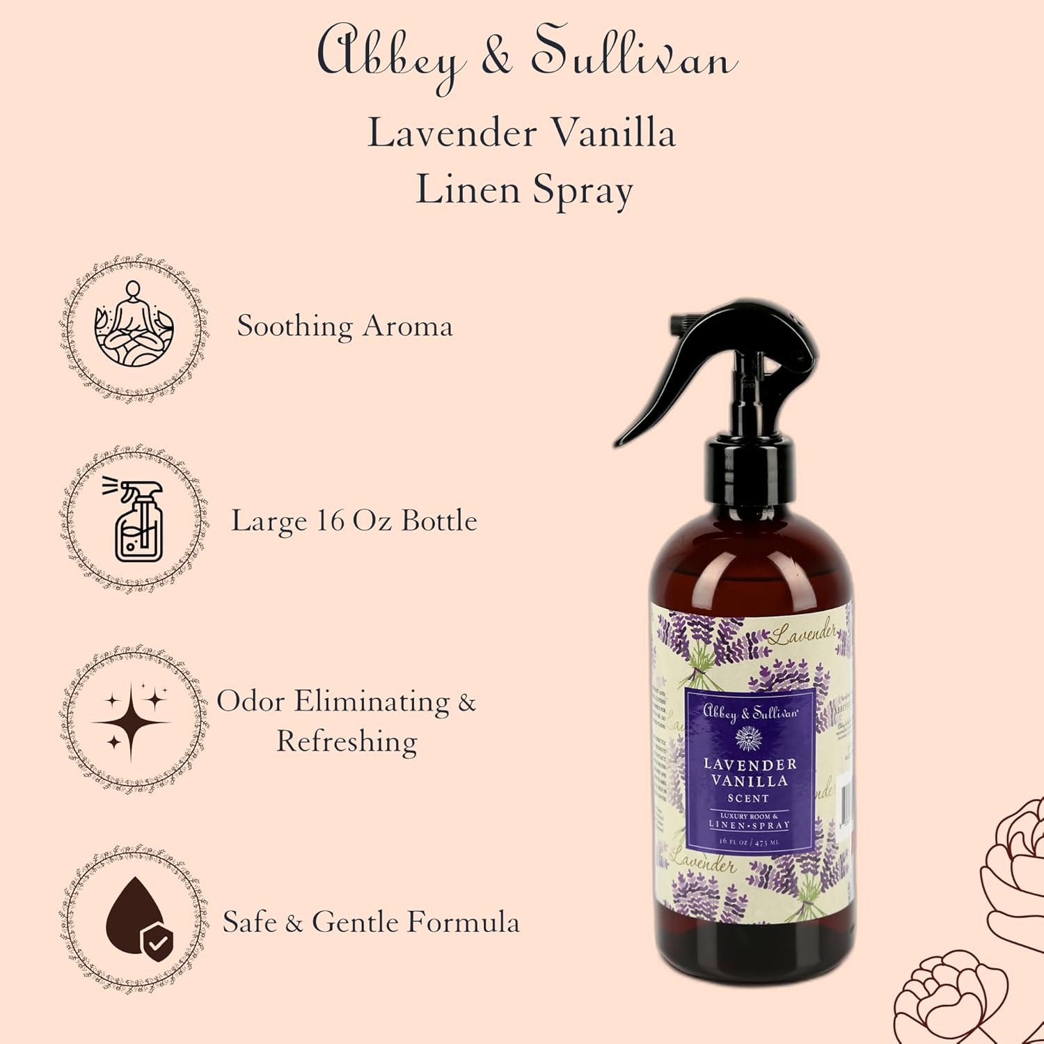 Abbey & Sullivan Odor Eliminating and Refreshing Linen and Room Spray, Lavender Vanilla, 16 oz.