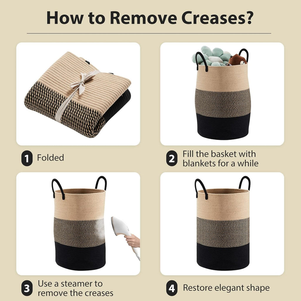 Fiona's magic 58L Large Woven Laundry Hamper, Tall Cotton Rope Laundry Basket, Boho Storage Basket for Blankets, Toys and Clothes Hamper for Bedroom and Living Room Organizing, Brown & Black