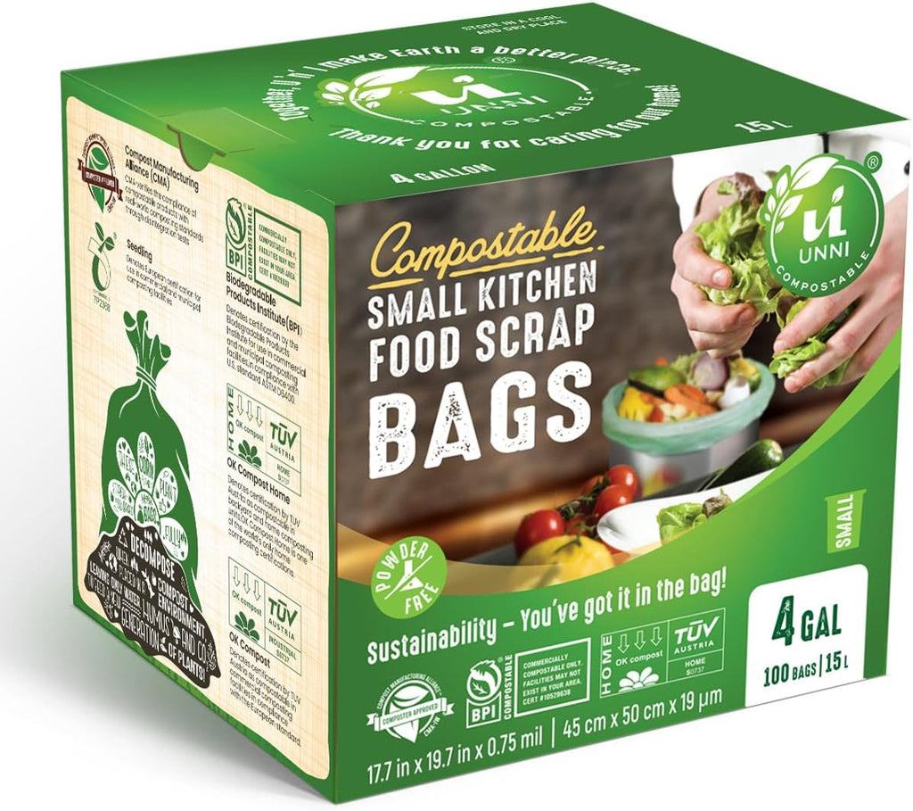 UNNI Compostable Trash Bags, 4 Gallon / 15 Liter, 100 Count, Extra Thick 0.75 mil Small Kitchen Food Scrap Bin Liners, Certified by BPI, CMA & OK compost HOME, Meets the ASTM D6400 Standard