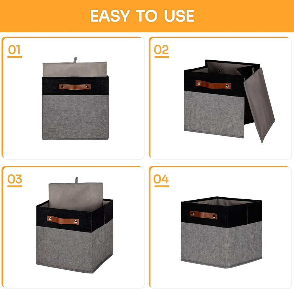 DULLEMELO 11x11 Storage Cubes, Collapsible Sturdy Cube Storage Bins With Handles for Organizing,Fabric Storage Cubes Baskets for Shelves Nursery Closet Home Organization and Storage (Black&Grey)
