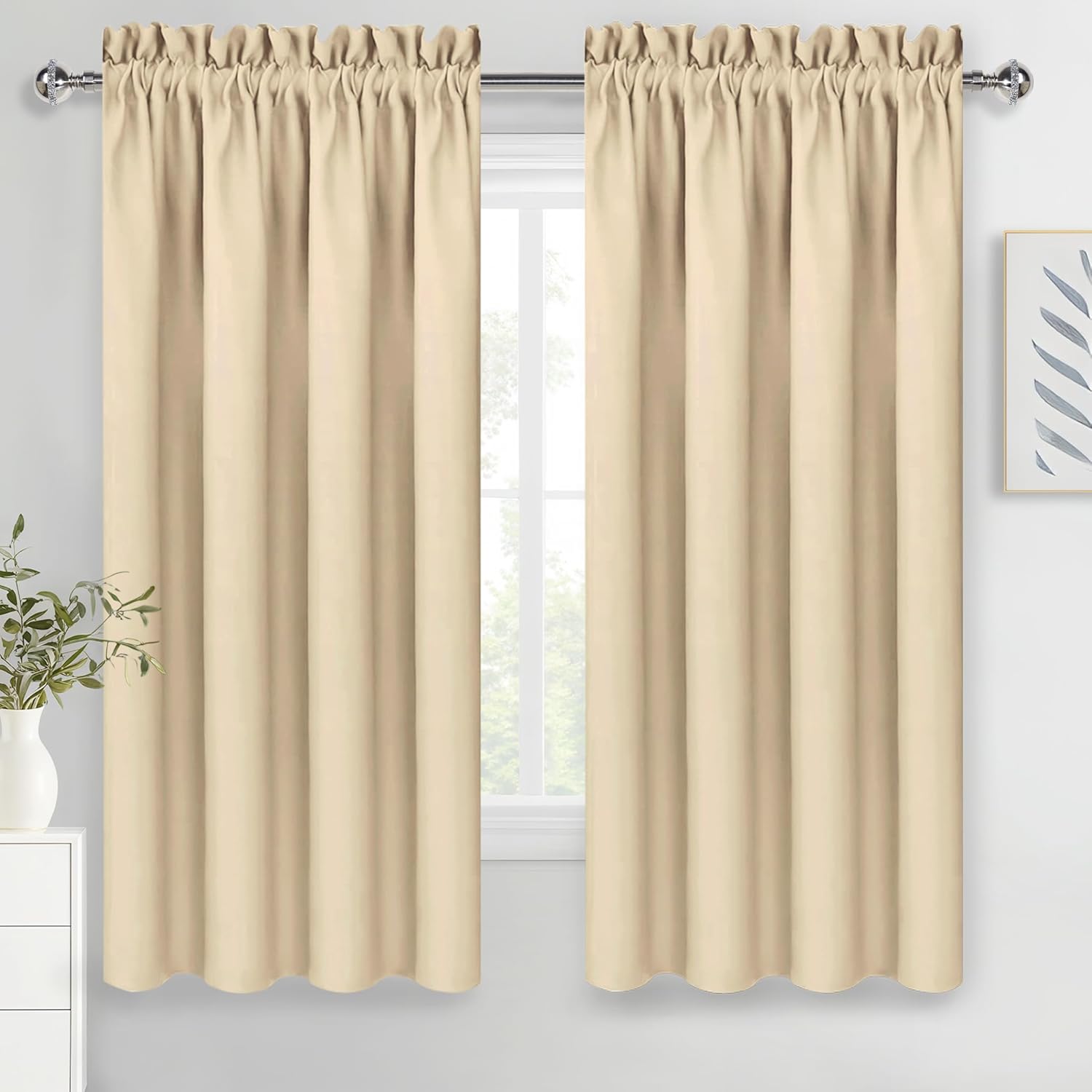 DWCN Beige Curtains for Bedroom Thermal Insulated Room Darkening Drapes for Living Room Rod Pocket Light Blocking Solid Window Treatment, W 42 x L 63 Inch, 2 Panels, Beige