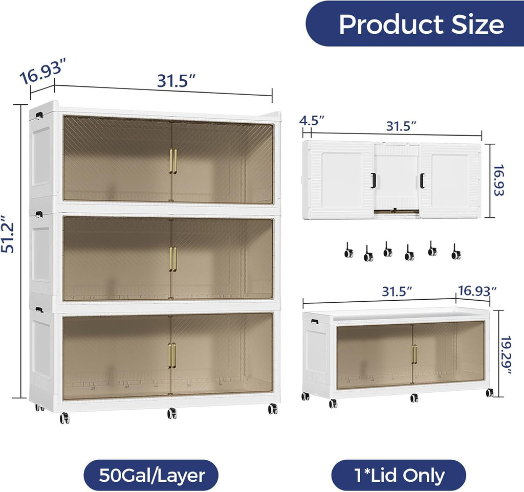 150GAL Extra Large Storage Bins with Lid, 600QT Collapsible Organizer with Wheels, Stackable Closet Cabinet with Doors, Folding Storage Containers for Home, Office, Dorm, 3Pack White