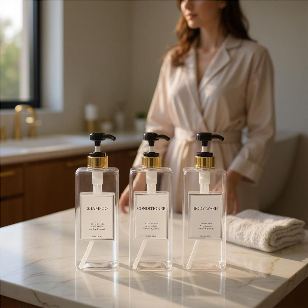 Modern Gold Design Large 27 oz Shampoo and Conditioner Dispensers - Empty Plastic Refillable Pump Bottle Set for Bathroom Shower Soap Dispenser, Set of 3 (Clear & Black)