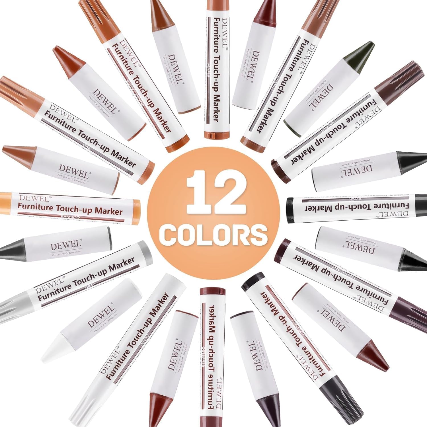 DEWEL Wood Furniture Markers & Filler Sticks Repair Kit, New Improved 12 Colors Touch Up Markers and Crayons - Covering Damaged Wooden Surfaces and Floors, for Pets Scratches, Stains, Cracks and Dents