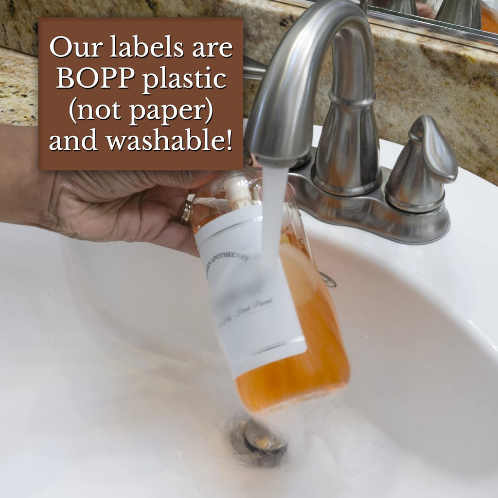 Refillable Clear PET Plastic 16 oz Body Wash Bottle with White Plastic Pump Dispenser - Chrome Accent Waterproof Labeled Bottle