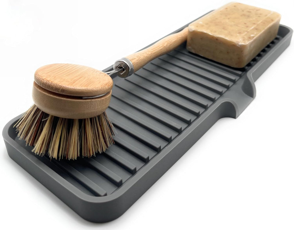 Happitasa Silicone Soap Dish Tray and Sponge Holder with Drain Chute | Bathroom and Kitchen Sink Organizer Caddy (Grey, 12"x4", 7.4 Ounces)