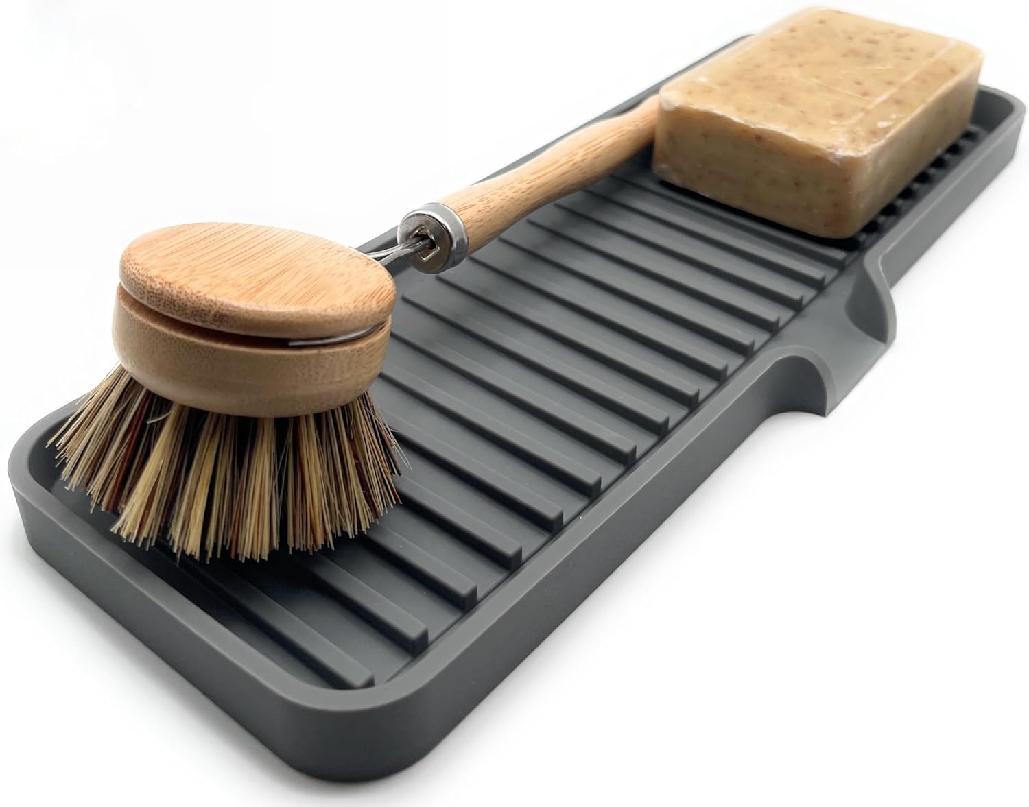 Happitasa Silicone Soap Dish Tray and Sponge Holder with Drain Chute | Bathroom and Kitchen Sink Organizer Caddy (Grey, 12"x4", 7.4 Ounces)