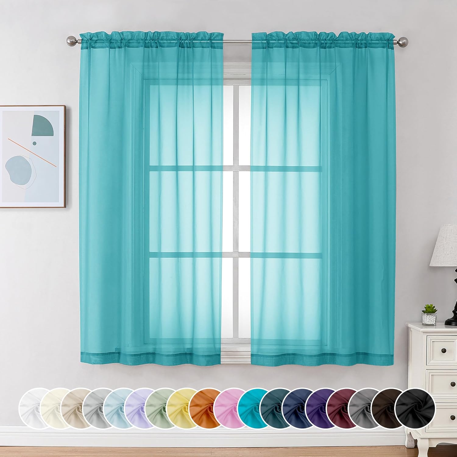 Chyhomenyc Turquoise Sheer Curtains 63 Inch Length 2 Panels, Light Filtering Airy Rod Pocket Window Curtain Treatment Drapes for Bedroom Living, Each 42Wx63L Inches