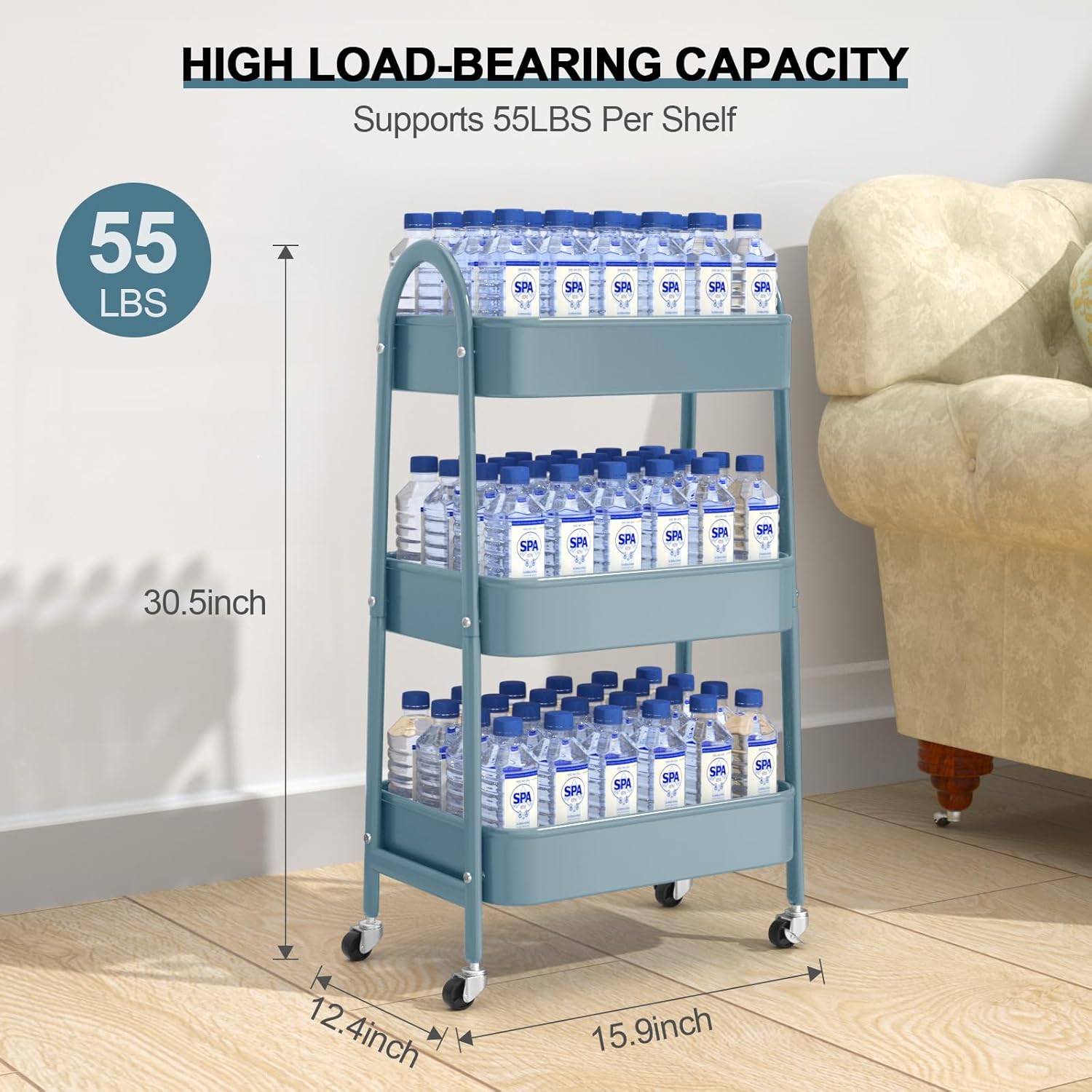 3 Tier Utility Rolling Cart, EAGMAK Metal Storage Cart with Handle and Lockable Wheels, Multifunctional Storage Organizer Trolley with Mesh Baskets for Kitchen, Living Room, Office, Garage (Blue)